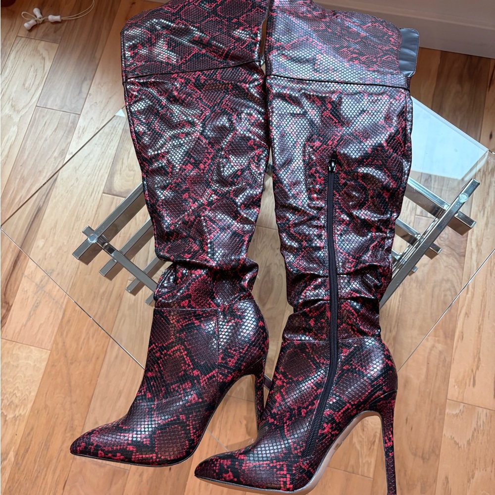 Lemon Drop by Privileged Shaneen Red Snake Print Over the Knee Boots